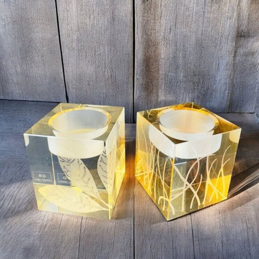 Simon Designs Yellow Crystal Glass‎ Candle Votive Set Of 2 Leaf Design Glassware